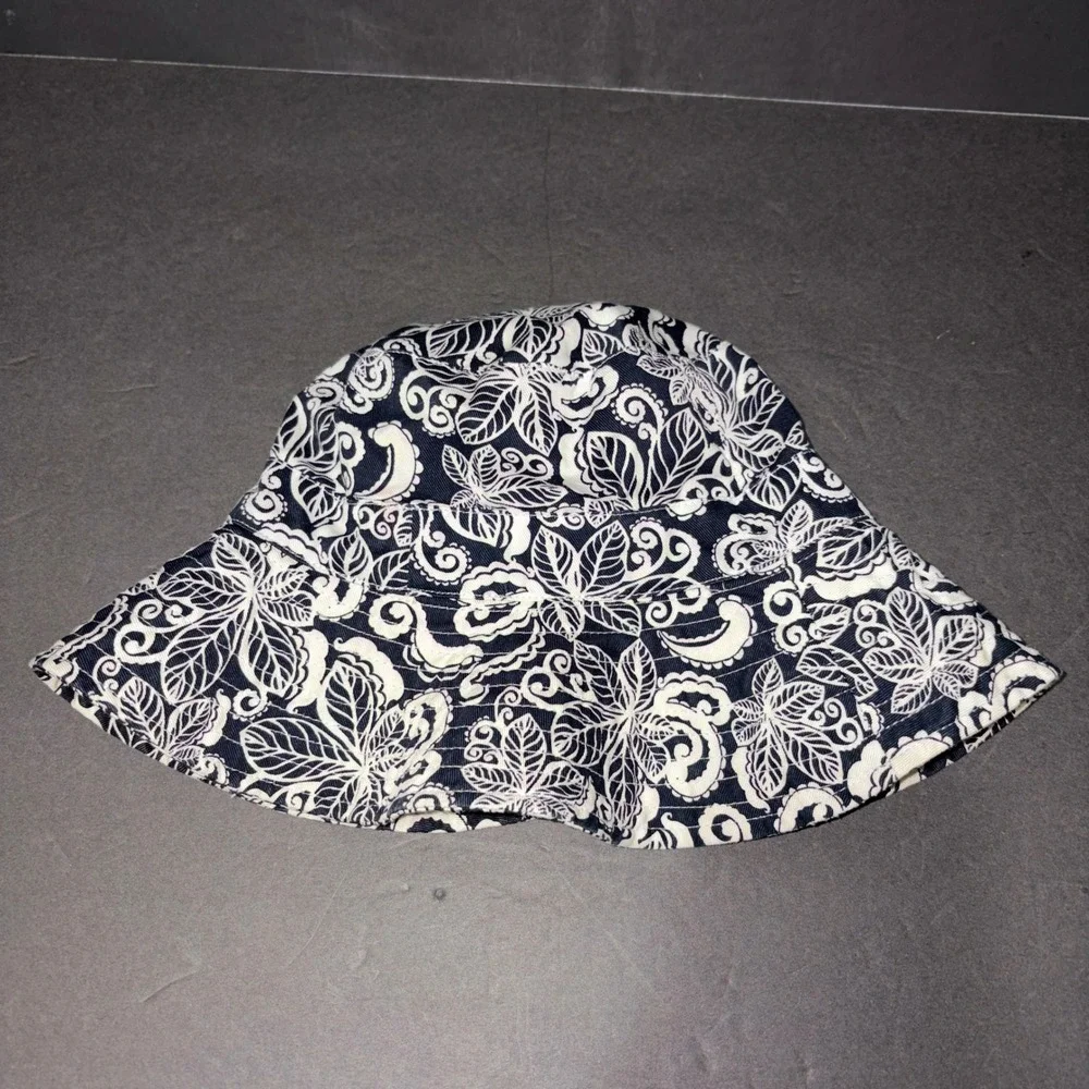 Navy Blue White Paisley Floral Cotton Bucket Hat Wide Brim Sun Hat RN 17730